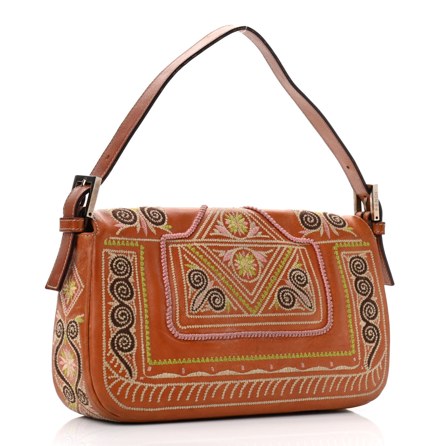 Fendi Calfskin Embroidered Baguette Brown 3 of 14