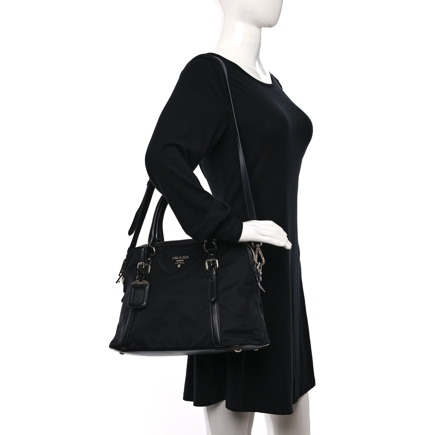 Tessuto Nylon Calfskin Dome Satchel Black