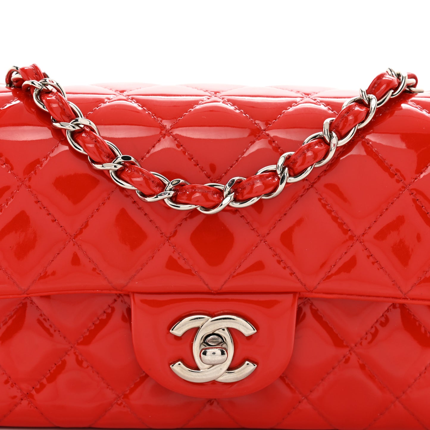 Patent Calfskin Quilted Mini Rectangular Flap Red