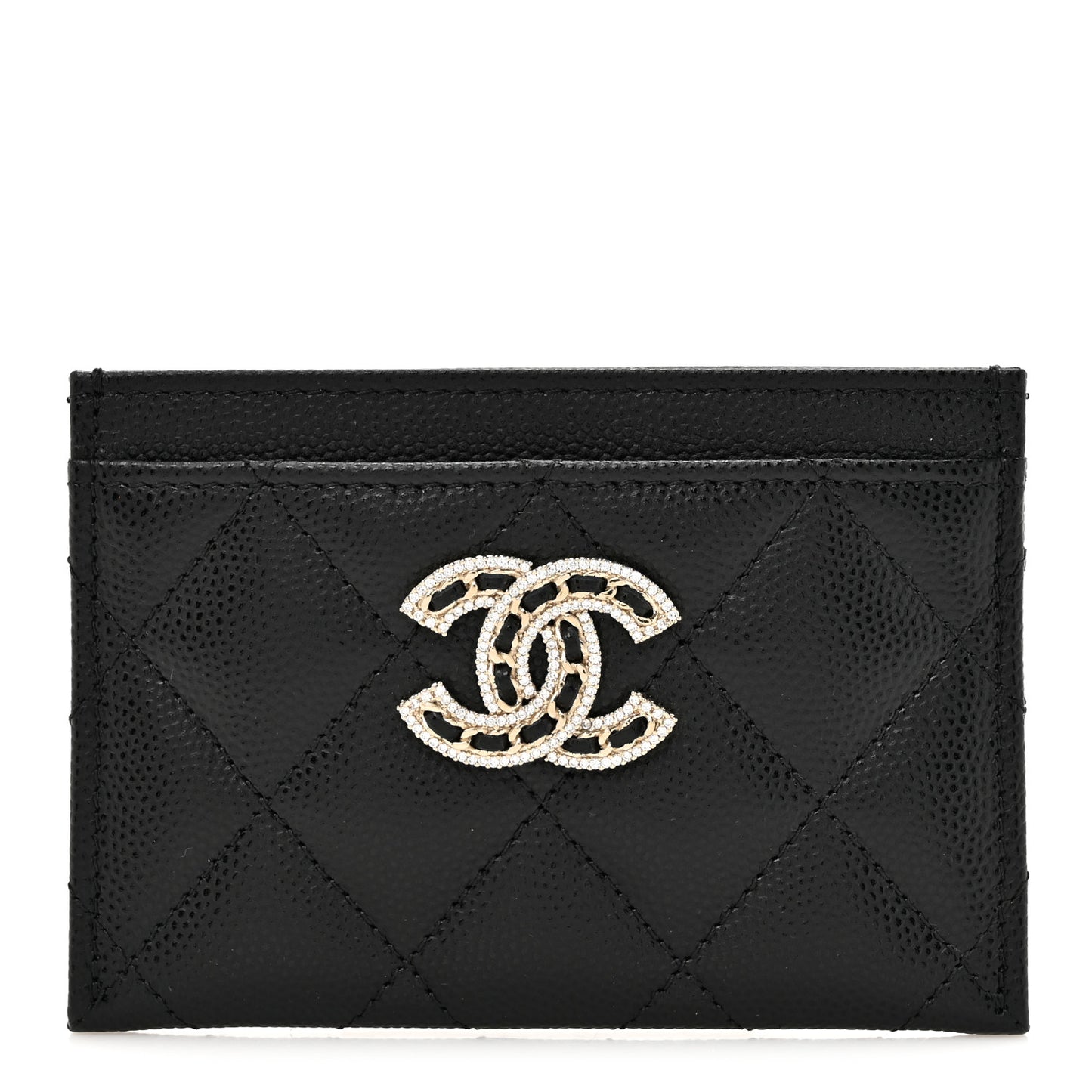 Caviar Quilted Crystal Card Holder Black