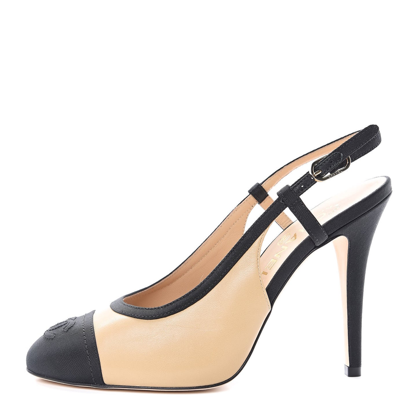 Lambskin Grosgrain Cap Toe CC Slingback Pumps 37 Beige Black