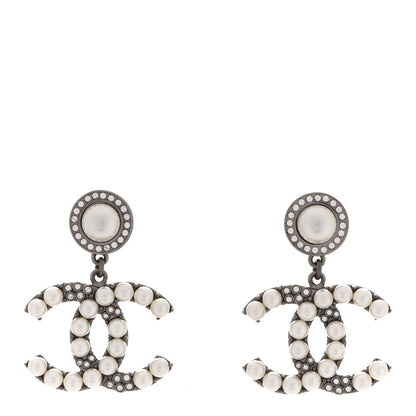 Chanel Pearl Crystal CC Drop Earrings Silver 1 of 5