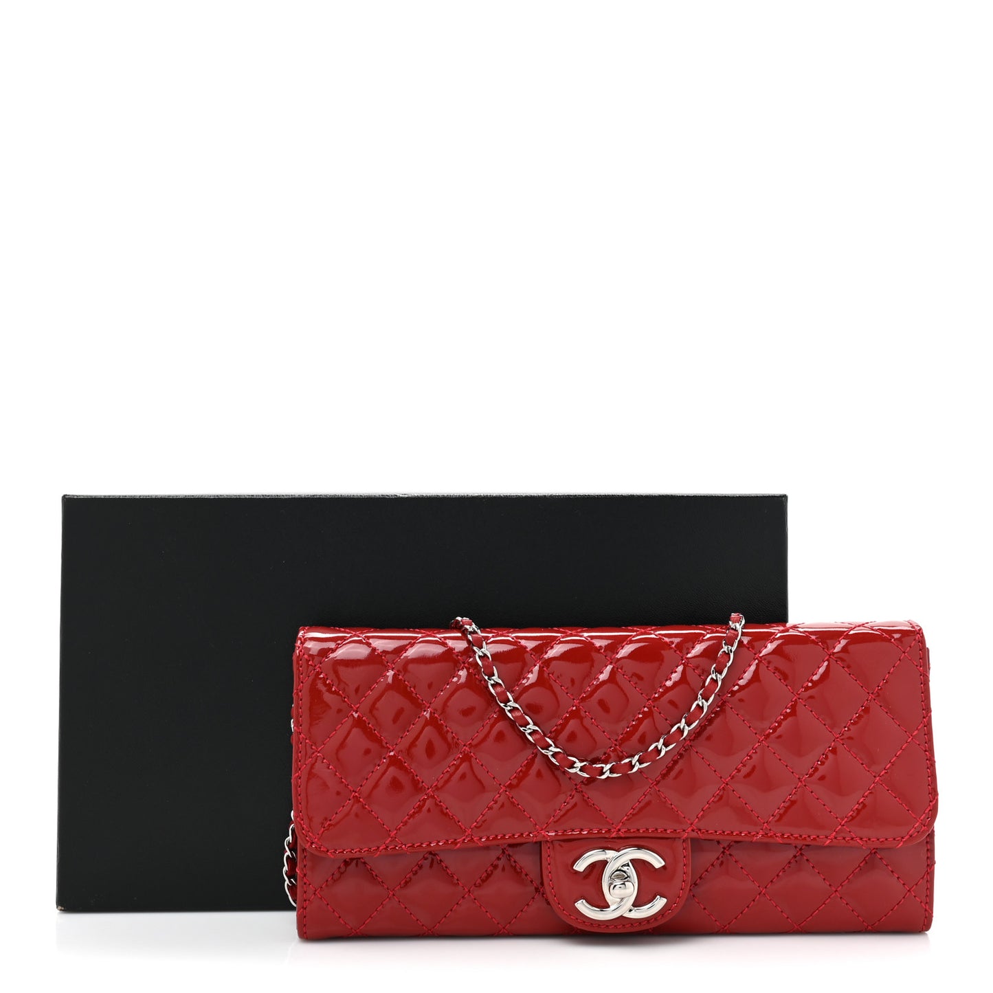 Patent Calfskin Quilted Brilliant East West Flap Clutch Red