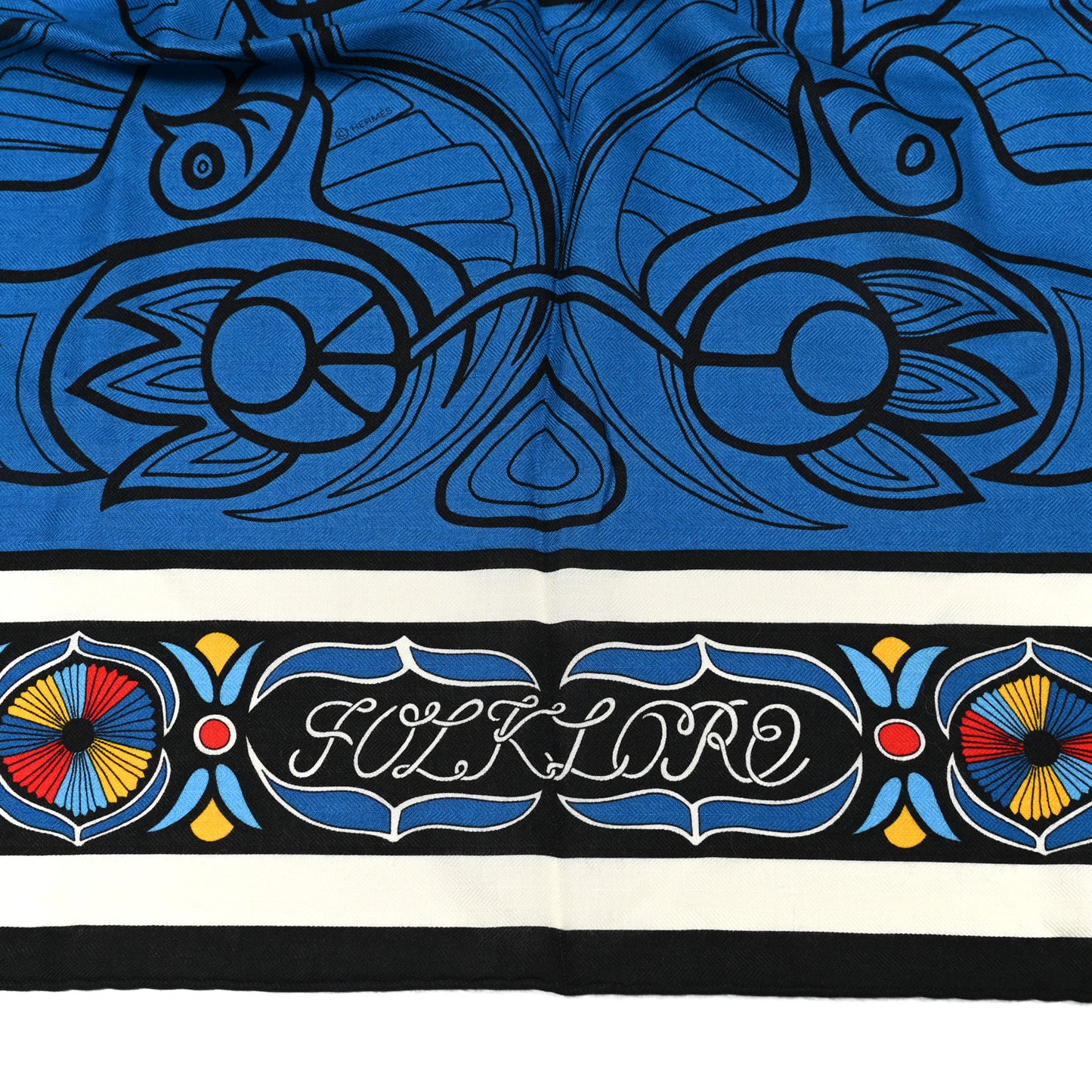 Cashmere Silk Folklore d'Henri d'Origny Giant Pointe Triangle Shawl Bleu Dur White Multicolor
