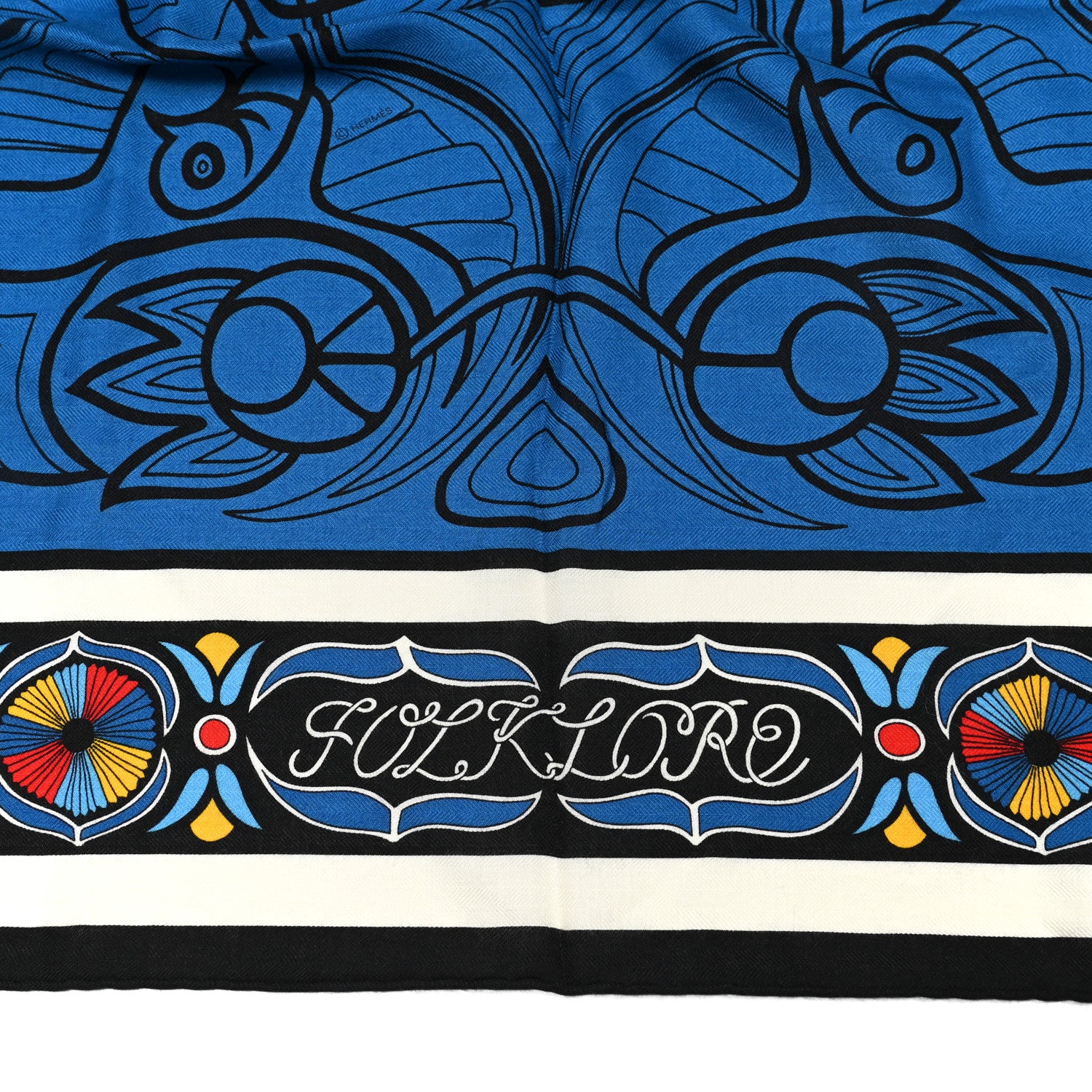 Hermes Cashmere Silk Folklore d'Henri d'Origny Giant Pointe Triangle Shawl Bleu Dur White Multicolor 6 of 6