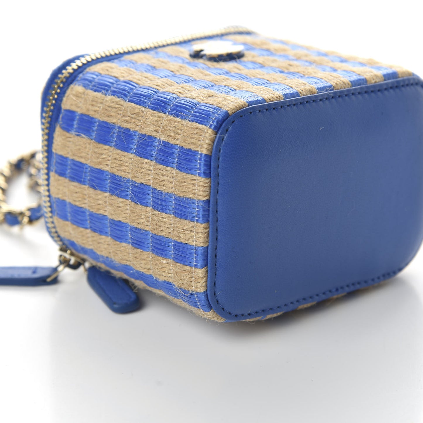 Raffia Jute Striped Mini Vanity Case With Chain Blue Beige
