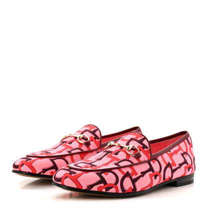 Gucci Betis Glamour Canvas Horsebit Print Womens Jordaan Loafers 39.5 Pink Rosso Ancora 3 of 10
