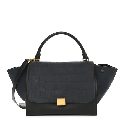 Celine Nubuck Crocodile Embossed Medium Trapeze Navy 1 of 12