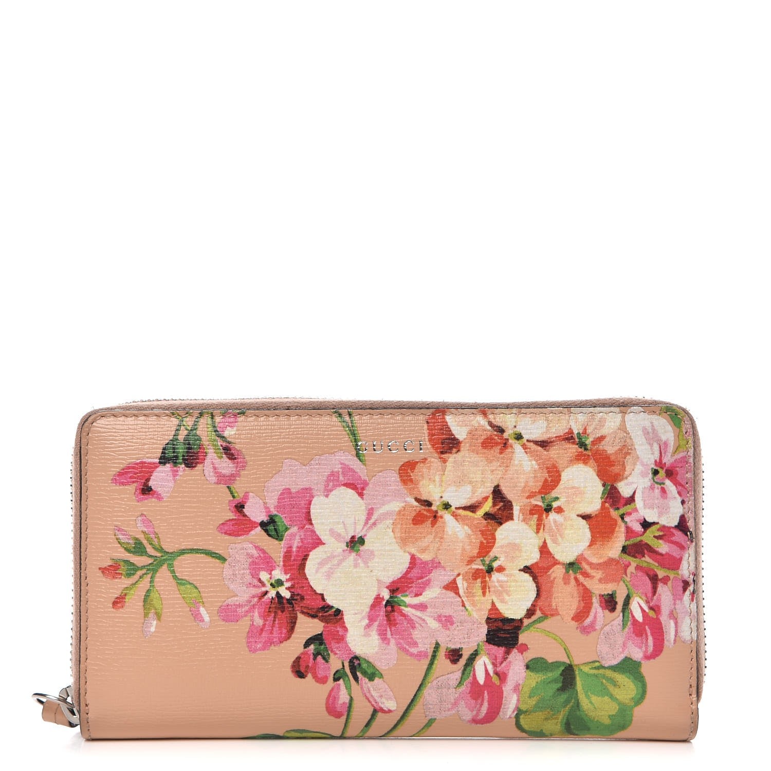 Gucci Shangai Calfskin Blooms Print Zip Around Wallet Pink Apricot Multicolor 1 of 10