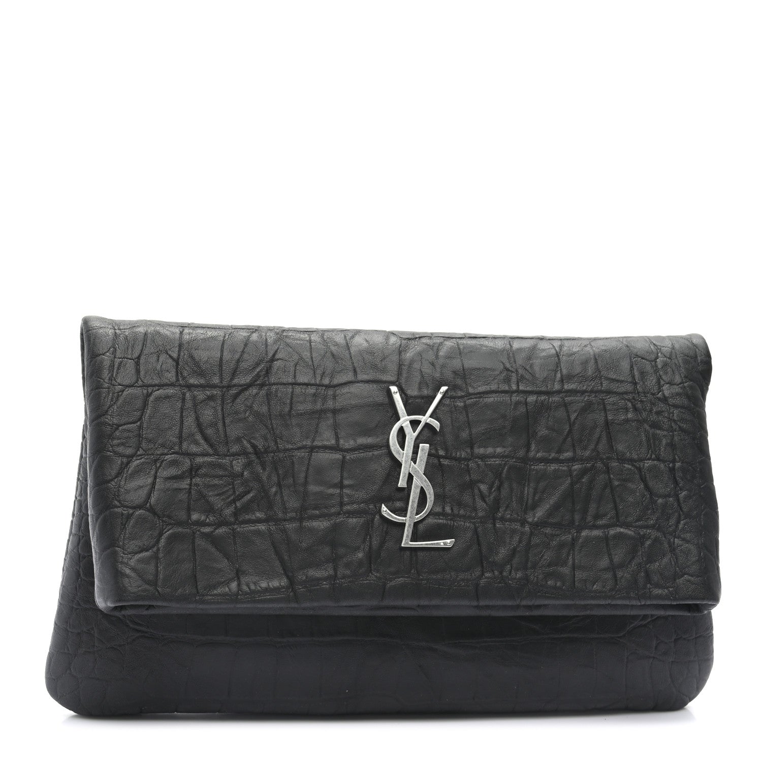 Saint Laurent Calfskin Crocodile Embossed West Hollywood Monogram Fold Over Clutch Black 1 of 8
