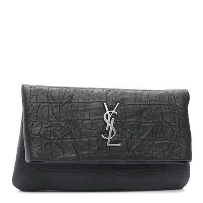Saint Laurent Calfskin Crocodile Embossed West Hollywood Monogram Fold Over Clutch Black 1 of 8