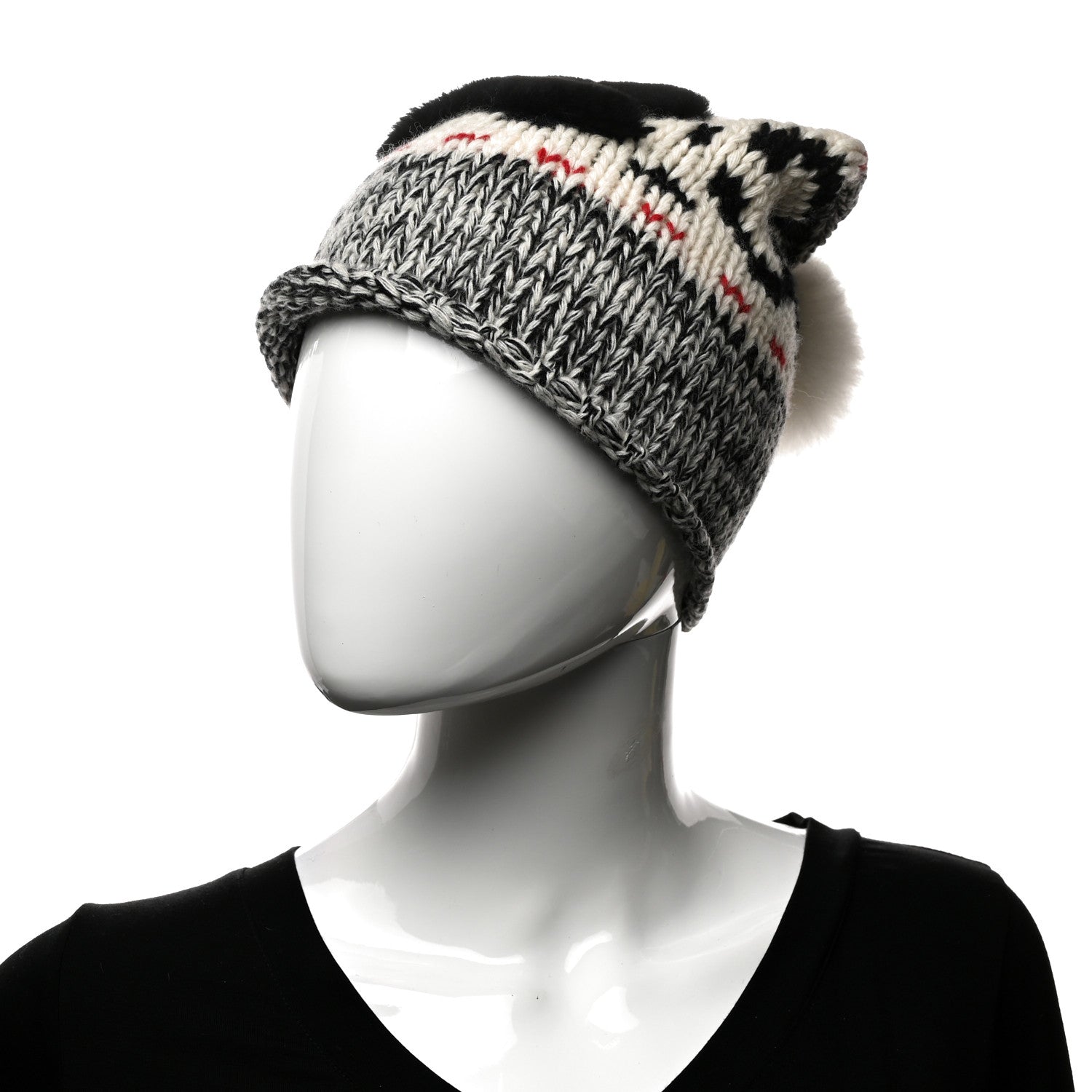 Chanel Wool Shearling CC Beanie Hat Grey Black Red 2 of 6
