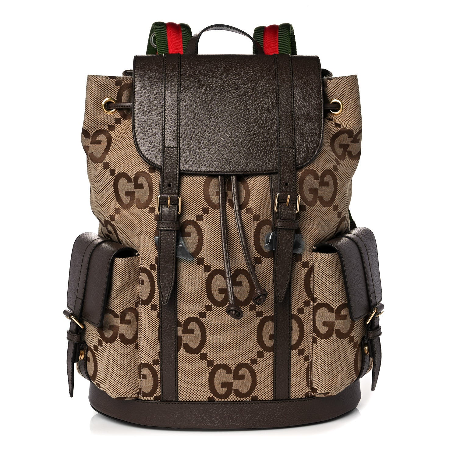 Gucci Monogram Jumbo GG Textured Dollar Calfskin Web Double Buckle Backpack Camel Ebony New Acero 1 of 8