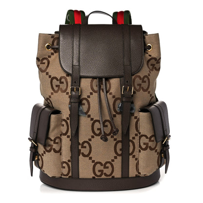 Gucci Monogram Jumbo GG Textured Dollar Calfskin Web Double Buckle Backpack Camel Ebony New Acero 1 of 8