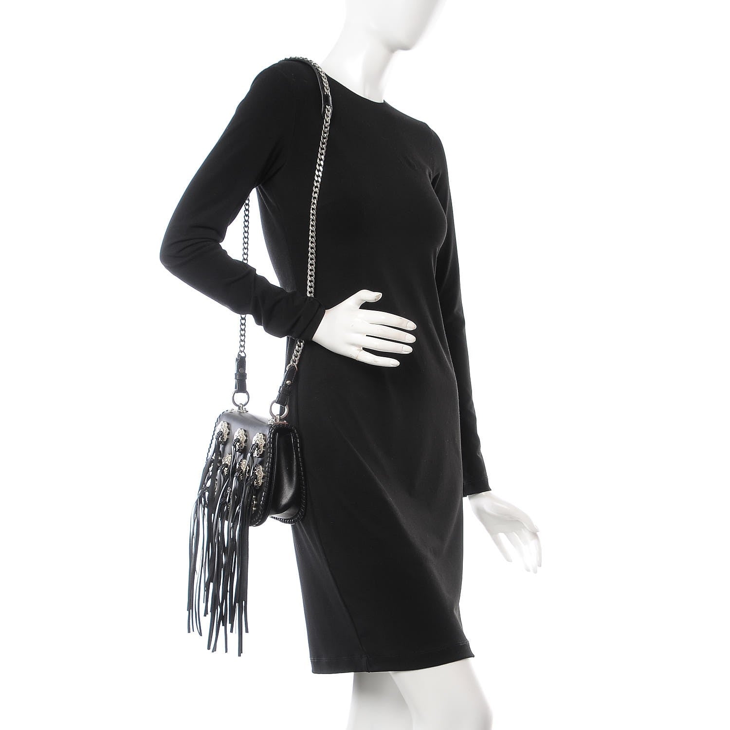 Prada City Calf Whip Stitch Fringe Saddle Bag Black 2 of 7