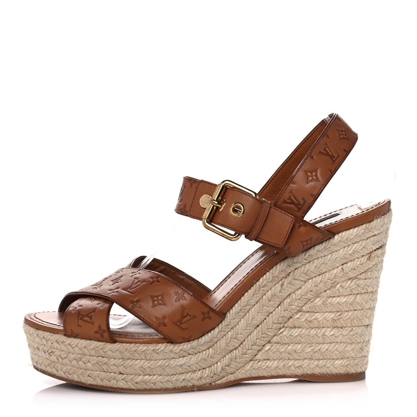 Calfskin Monogram Embossed Espadrille Wedge Sandals 41 Cognac