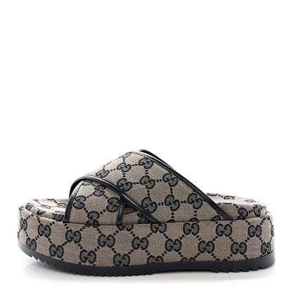 Gucci Monogram Criss Cross Platform Slide Sandals 36 Beige Blue 1 of 9
