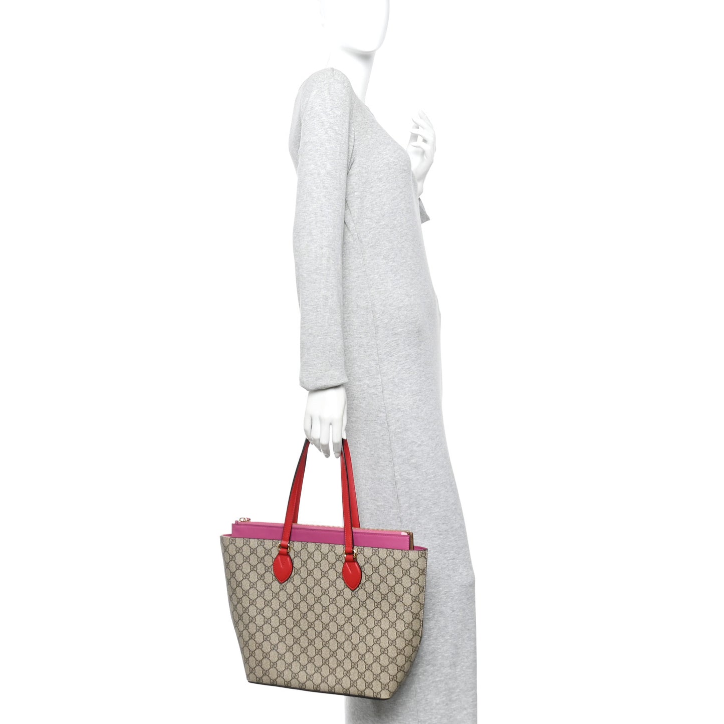 GG Supreme Monogram Medium Zippered Bucket Tote Beige Hibiscus Red New Rosette