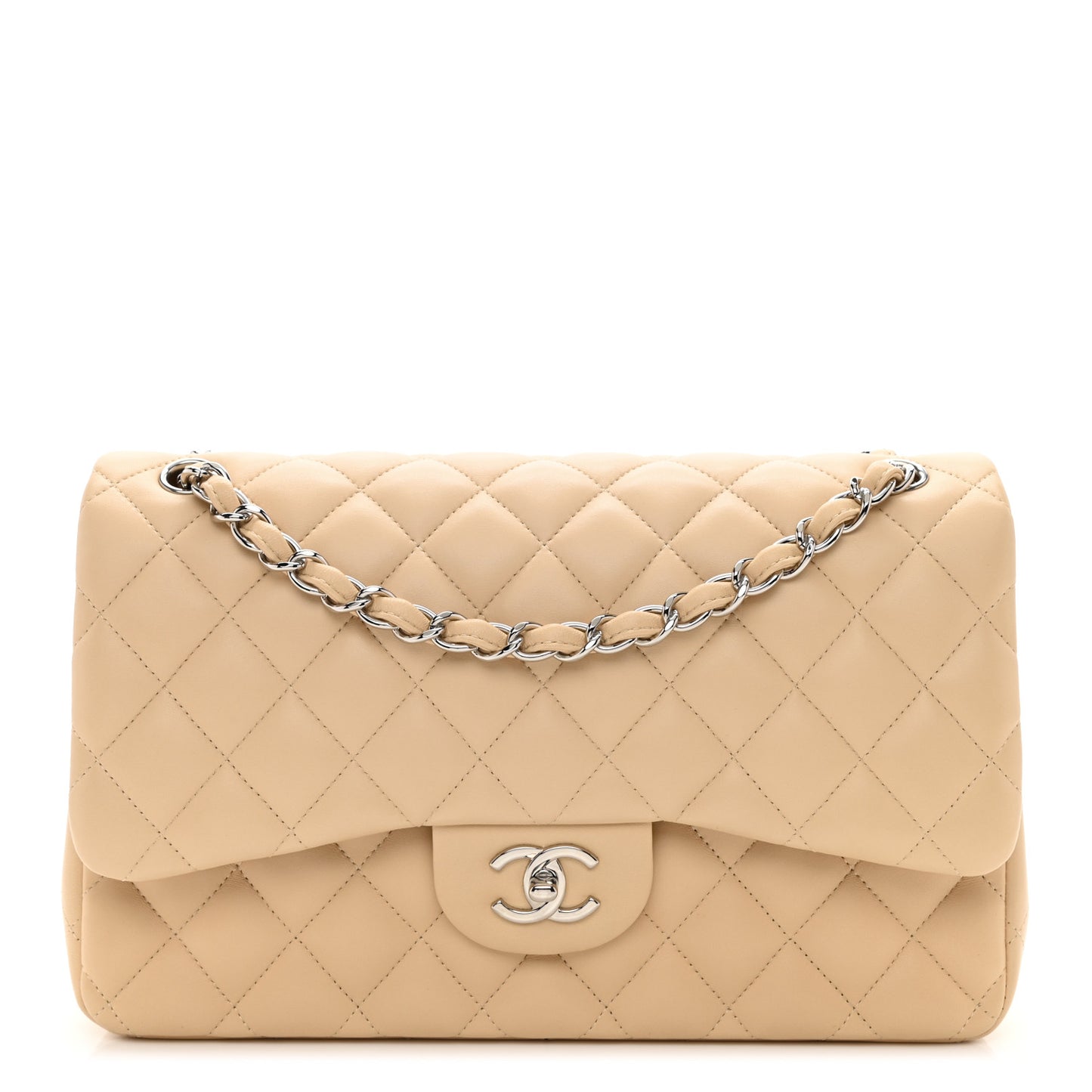 Lambskin Quilted Jumbo Double Flap Beige