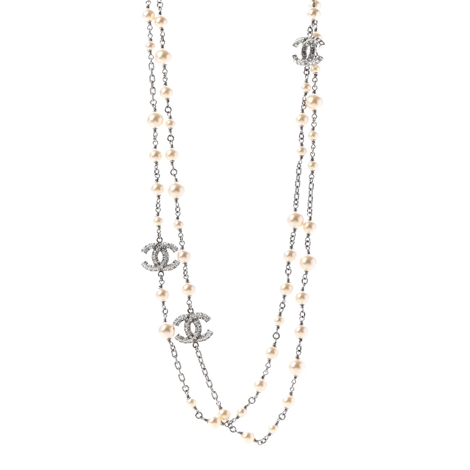 Chanel Pearl Baguette Crystal CC Long Necklace Silver 1 of 5