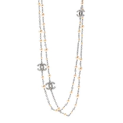 Chanel Pearl Baguette Crystal CC Long Necklace Silver 1 of 5