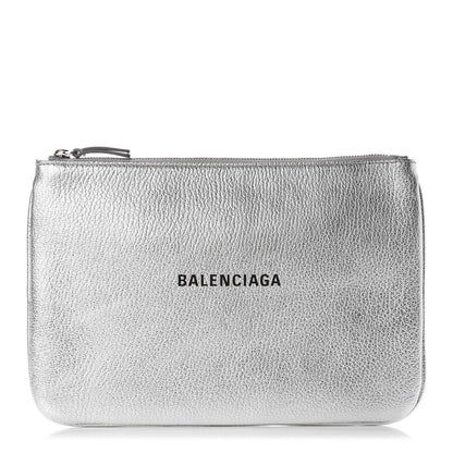 Balenciaga Metallic Goatskin Logo Large Everyday Zip Pouch Argent Black 1 of 10