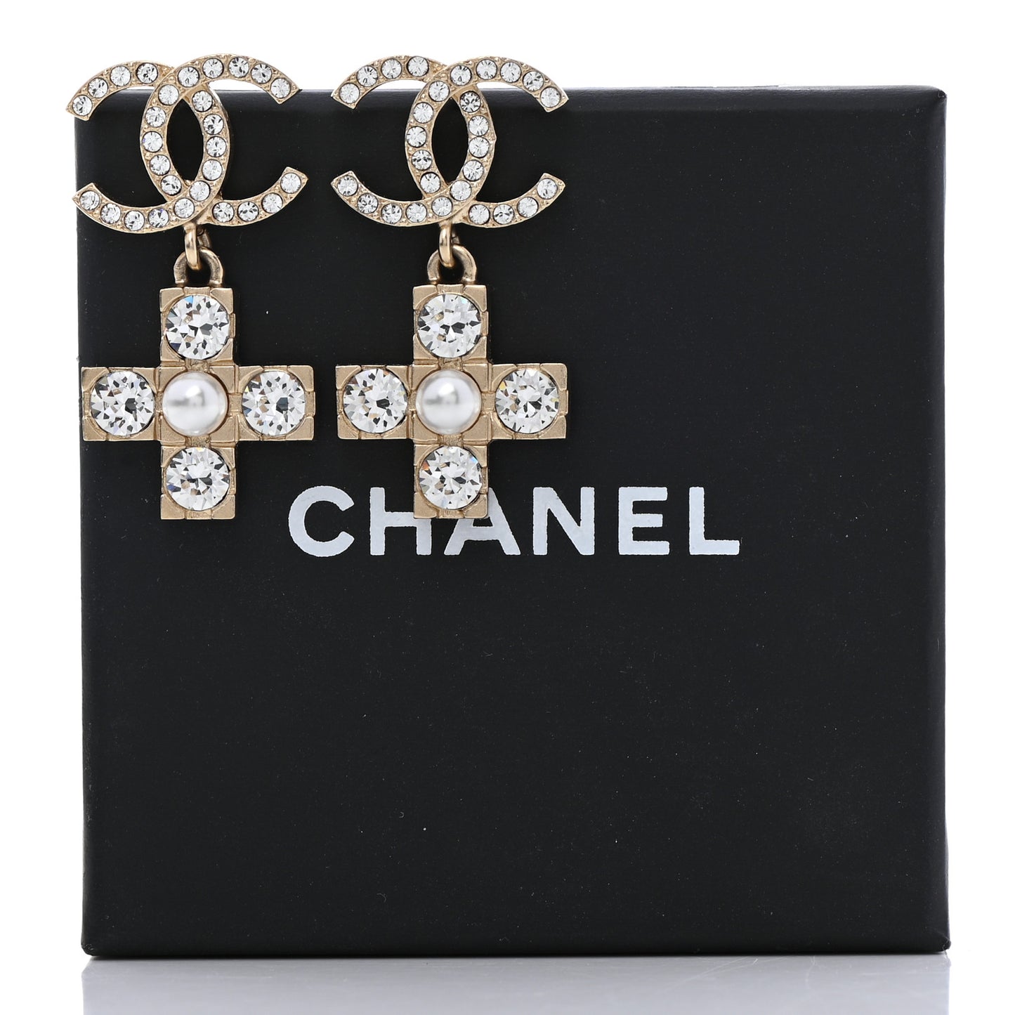 Crystal Pearl CC Cross Drop Earrings Gold