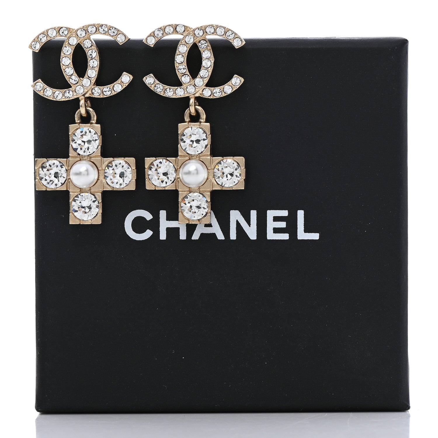 Chanel Crystal Pearl CC Cross Drop Earrings Gold 5 of 5