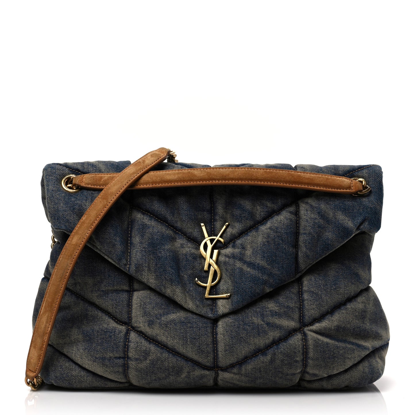 Denim Quilted Medium Loulou Puffer Monogram Chain Satchel Blue Cinnamon