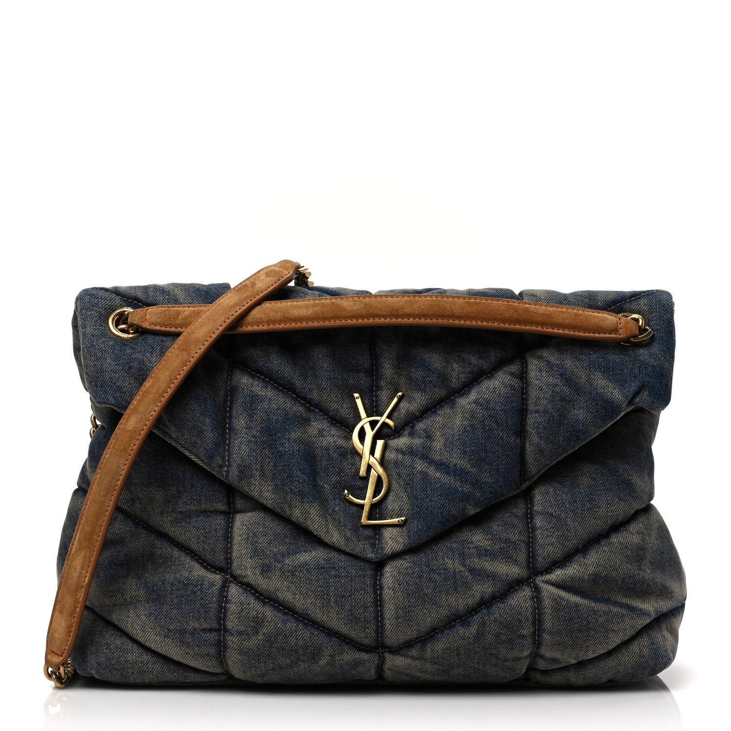 Saint Laurent Denim Quilted Medium Loulou Puffer Monogram Chain Satchel Blue Cinnamon 1 of 6