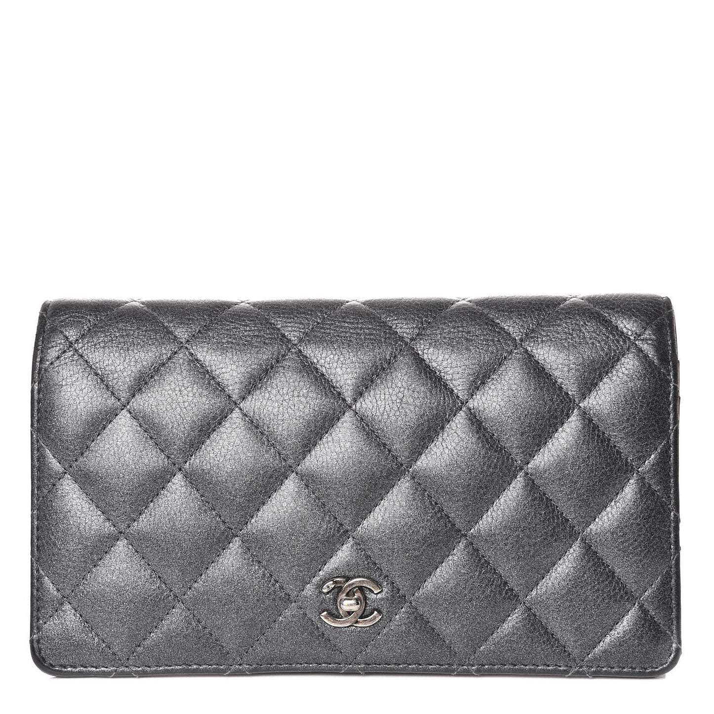 Metallic Calfskin Quilted Yen Wallet Dark Silver
