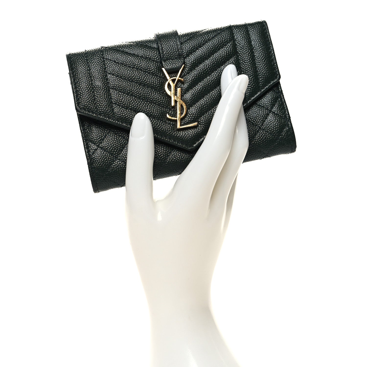 Saint Laurent Grain De Poudre Mixed Matelasse Triquilt Monogram Compact Tri Fold Wallet Dark Green 2 of 9