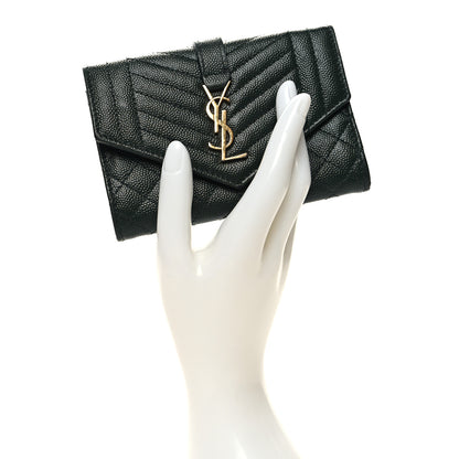 Saint Laurent Grain De Poudre Mixed Matelasse Triquilt Monogram Compact Tri Fold Wallet Dark Green 2 of 9