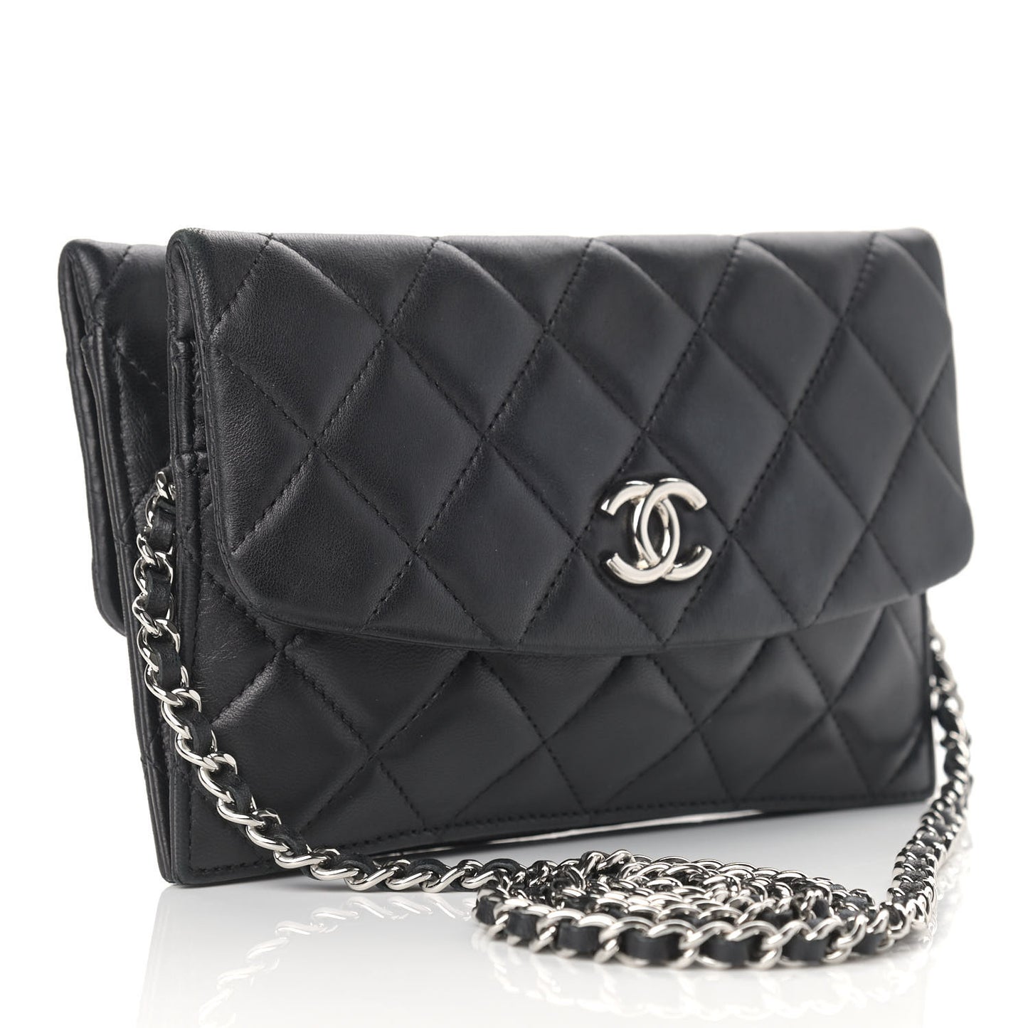 Lambskin Quilted Double Sided Wallet On Chain WOC Black