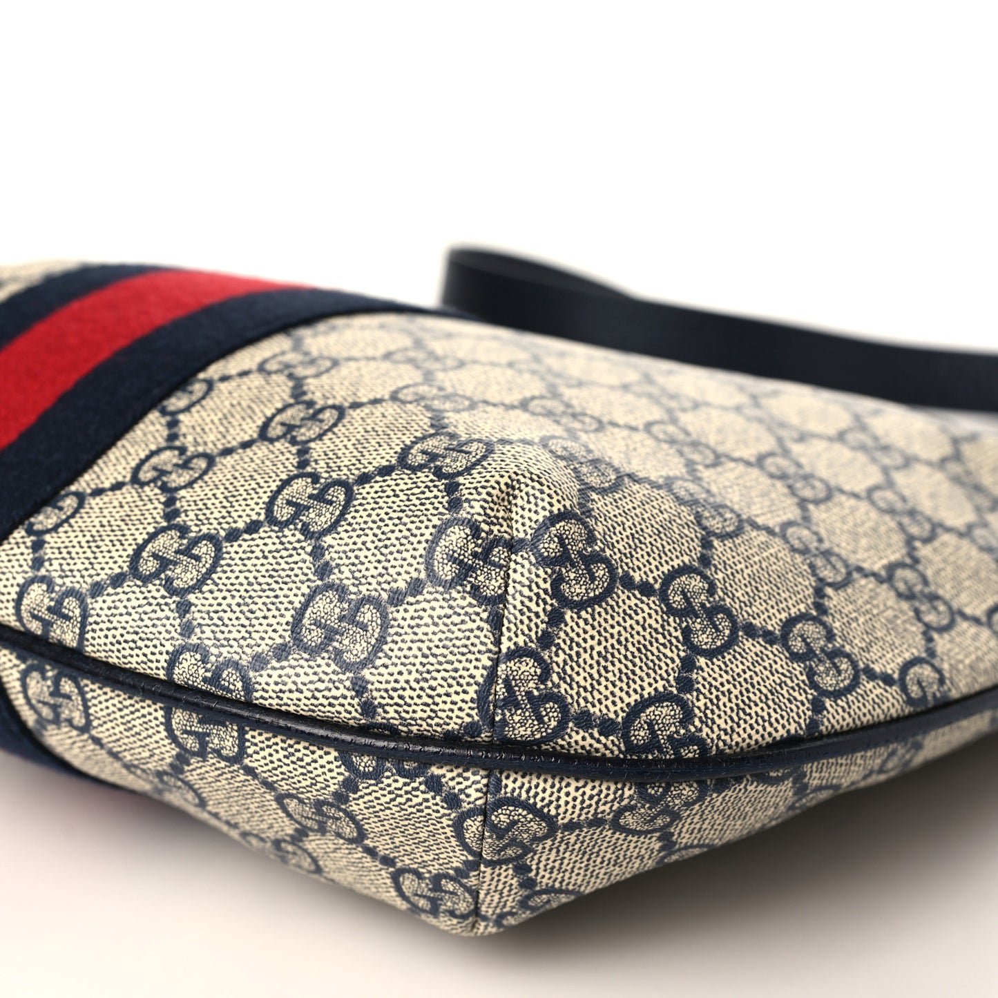 GG Supreme Monogram Textured Dollar Calfskin Web Small Ophidia Half Moon Hobo Beige Blue