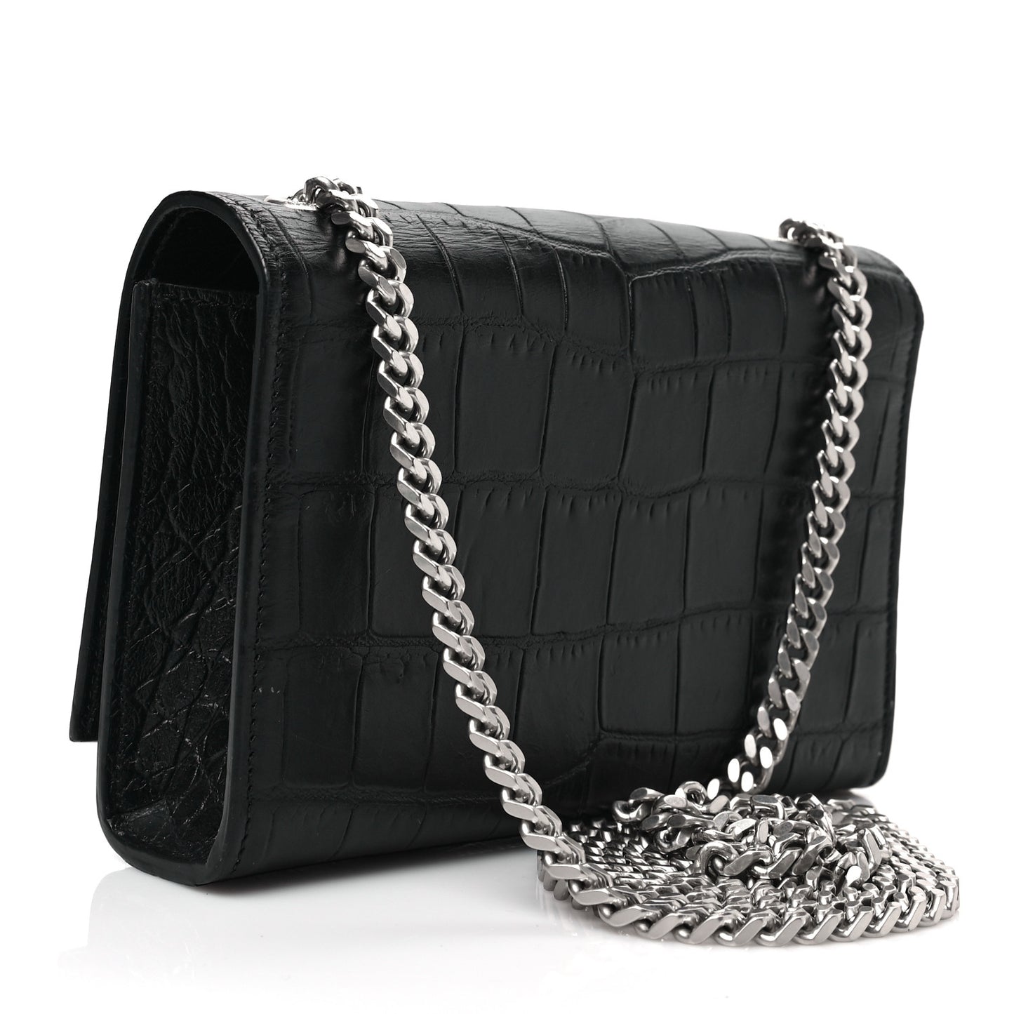 Calfskin Crocodile Embossed Small Classic Monogram Kate Tassel Satchel Black