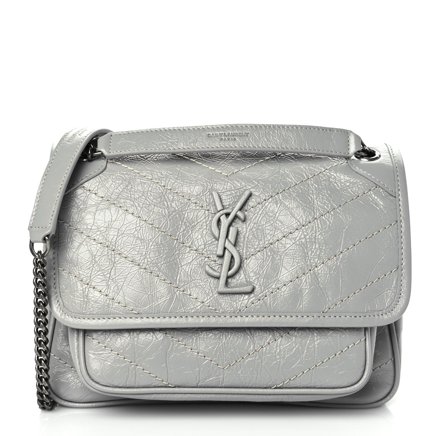 Crinkled Calfskin Matelasse Monogram Baby Niki Chain Satchel Granite