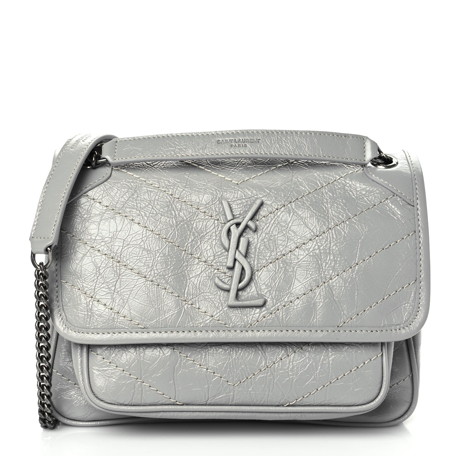 Saint Laurent Crinkled Calfskin Matelasse Monogram Baby Niki Chain Satchel Granite 1 of 10