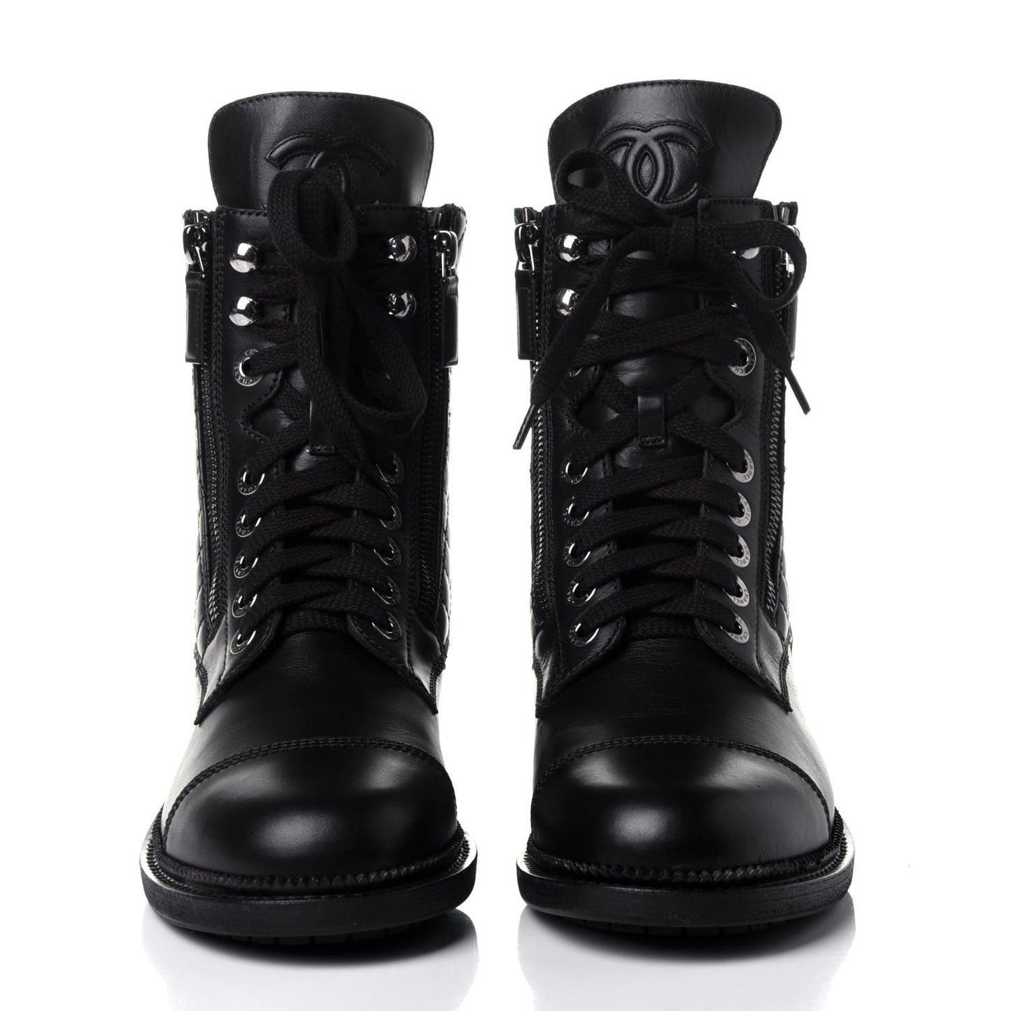 Calfskin Quilted Lace Up Combat Boots 38 Black