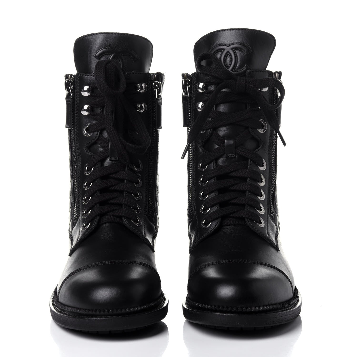 Chanel Calfskin Quilted Lace Up Combat Boots 38 Black 2 of 10
