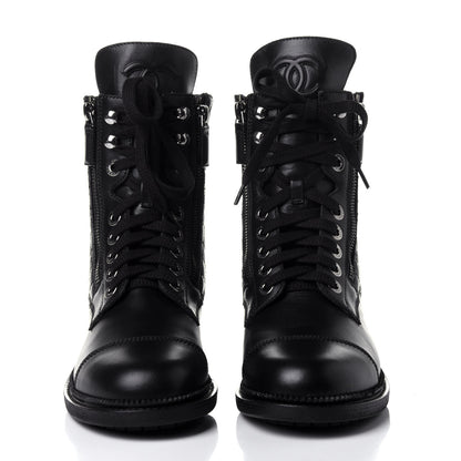 Chanel Calfskin Quilted Lace Up Combat Boots 38 Black 2 of 10