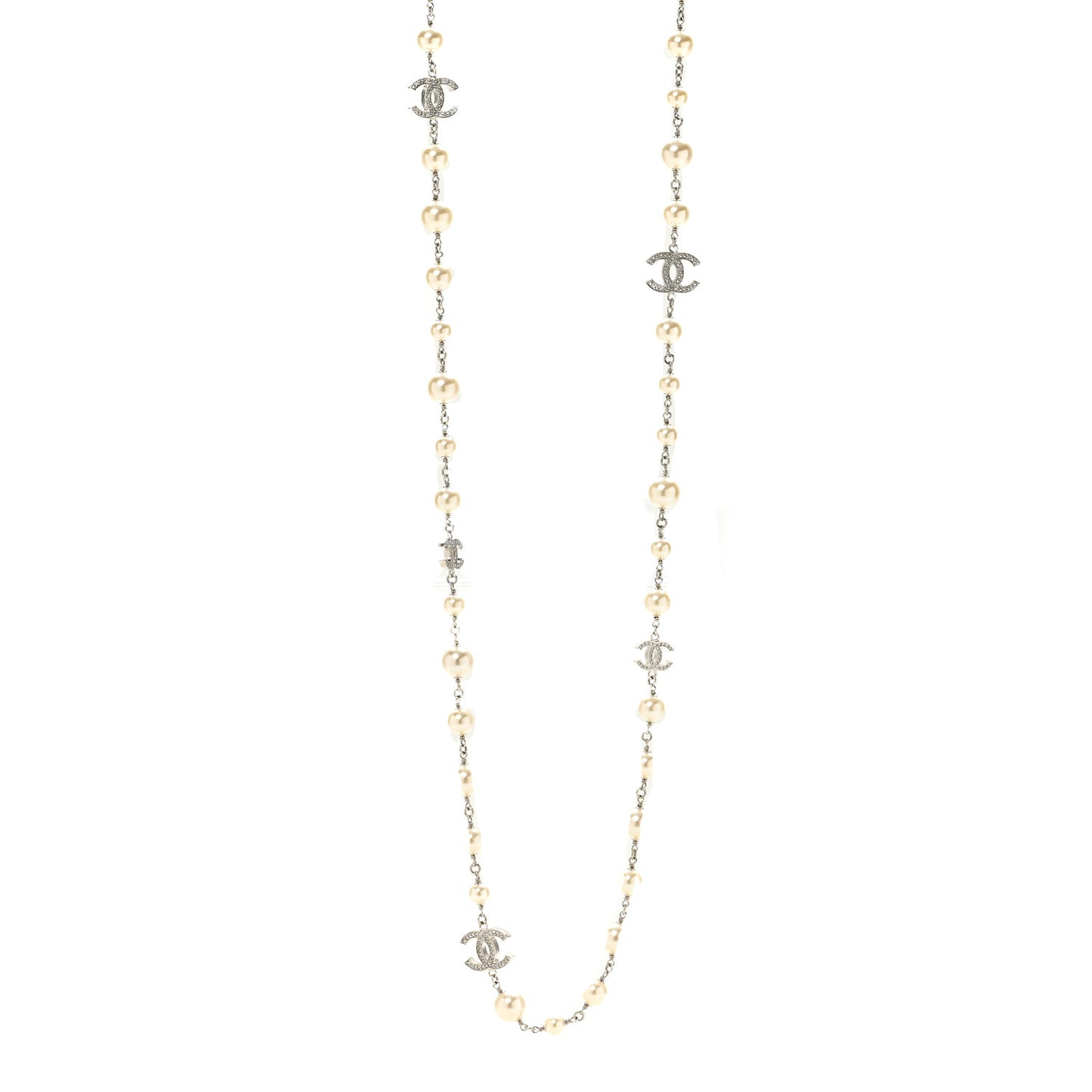 Graduated Pearl Crystal CC Long Necklace Silver