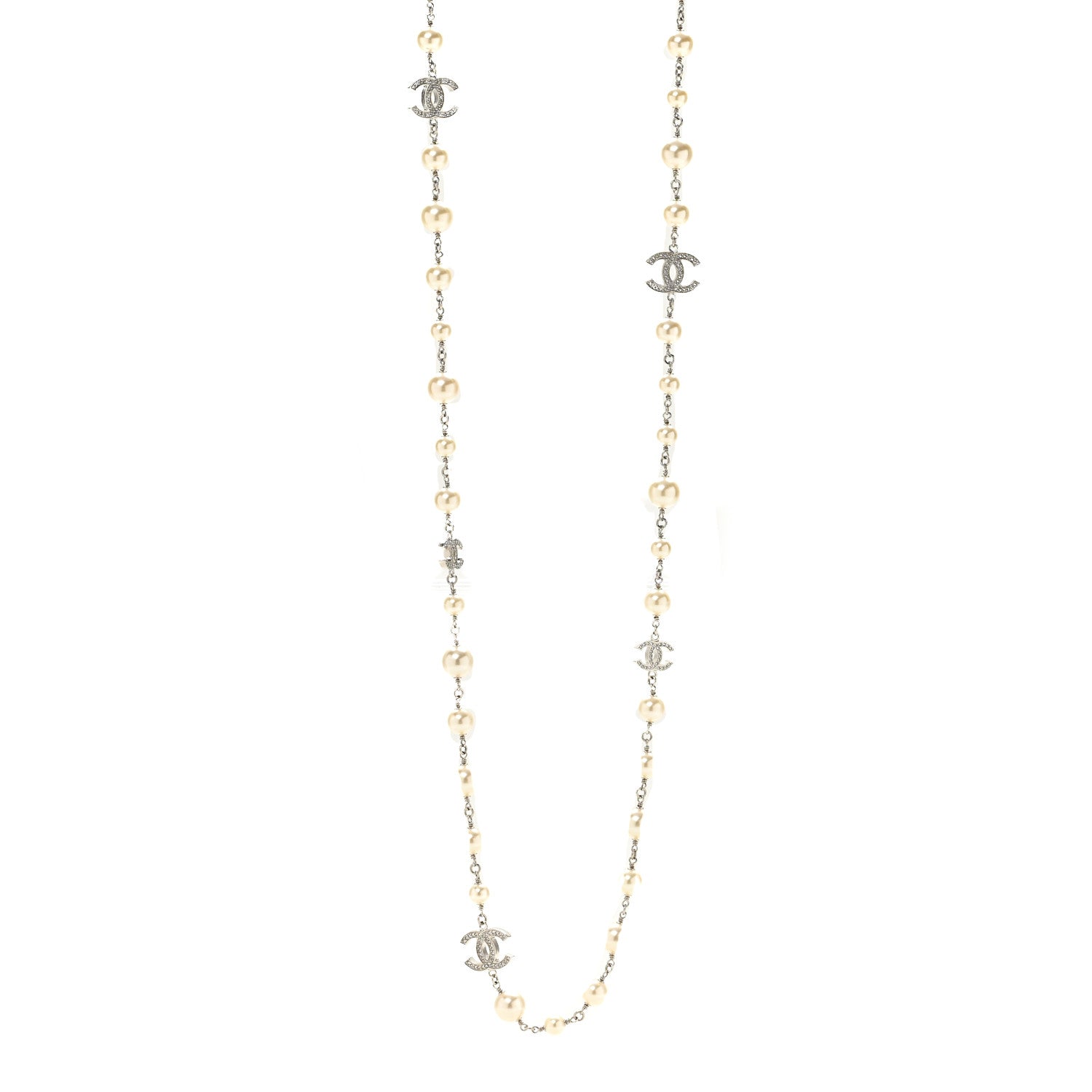 Chanel Graduated Pearl Crystal CC Long Necklace Silver 1 of 6