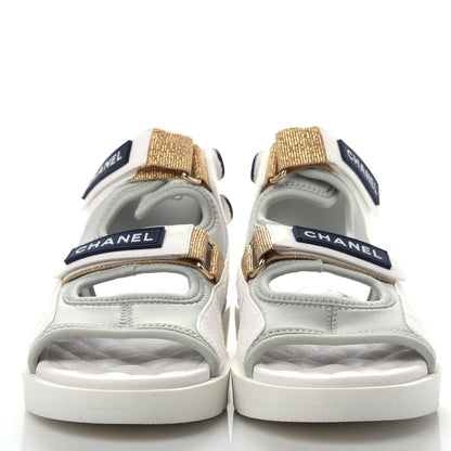 Chanel Goatskin Fabric Gladiator Sandals 37 White Light Grey Navy Blue 2 of 11