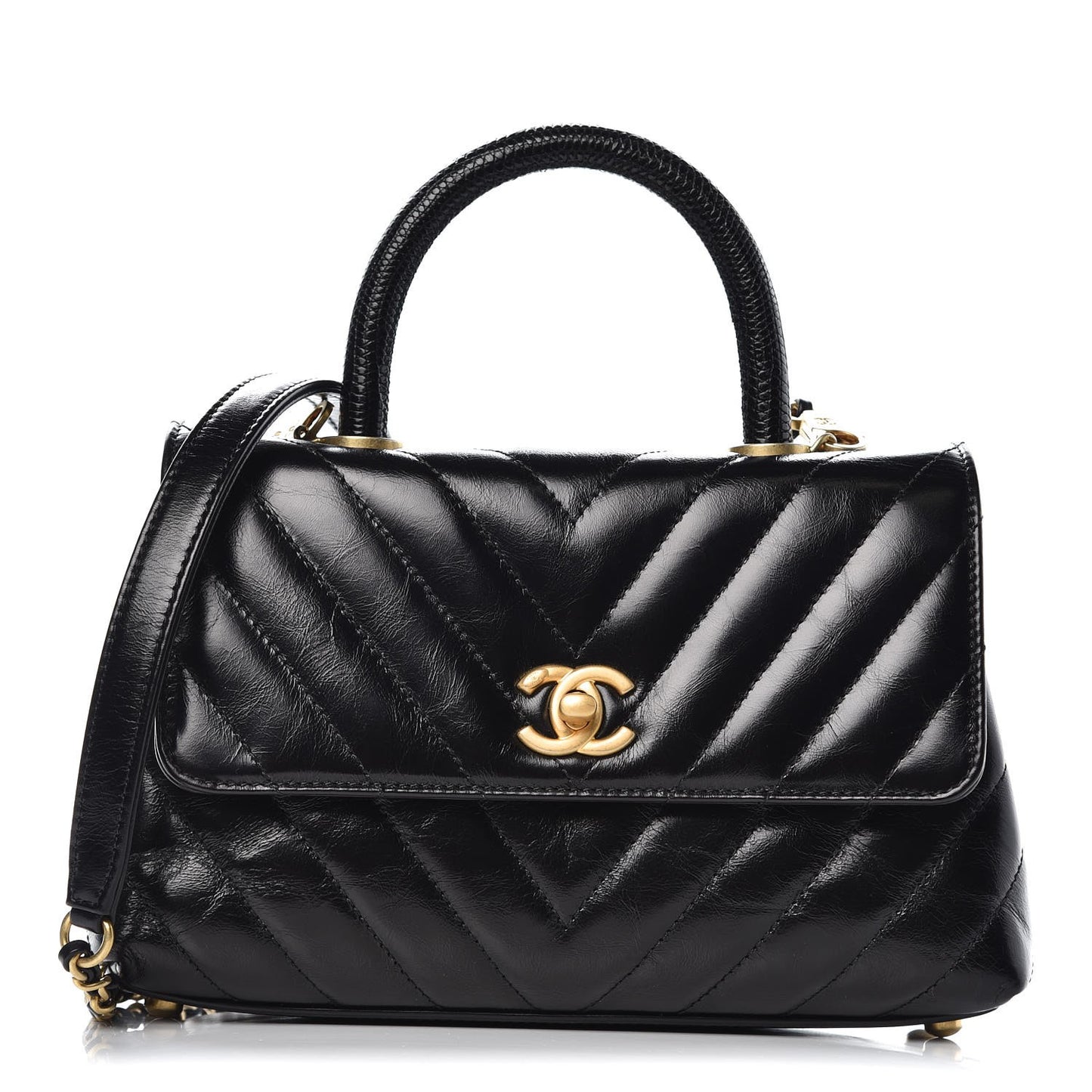 Calfskin Lizard Chevron Quilted Mini Coco Handle Flap Black