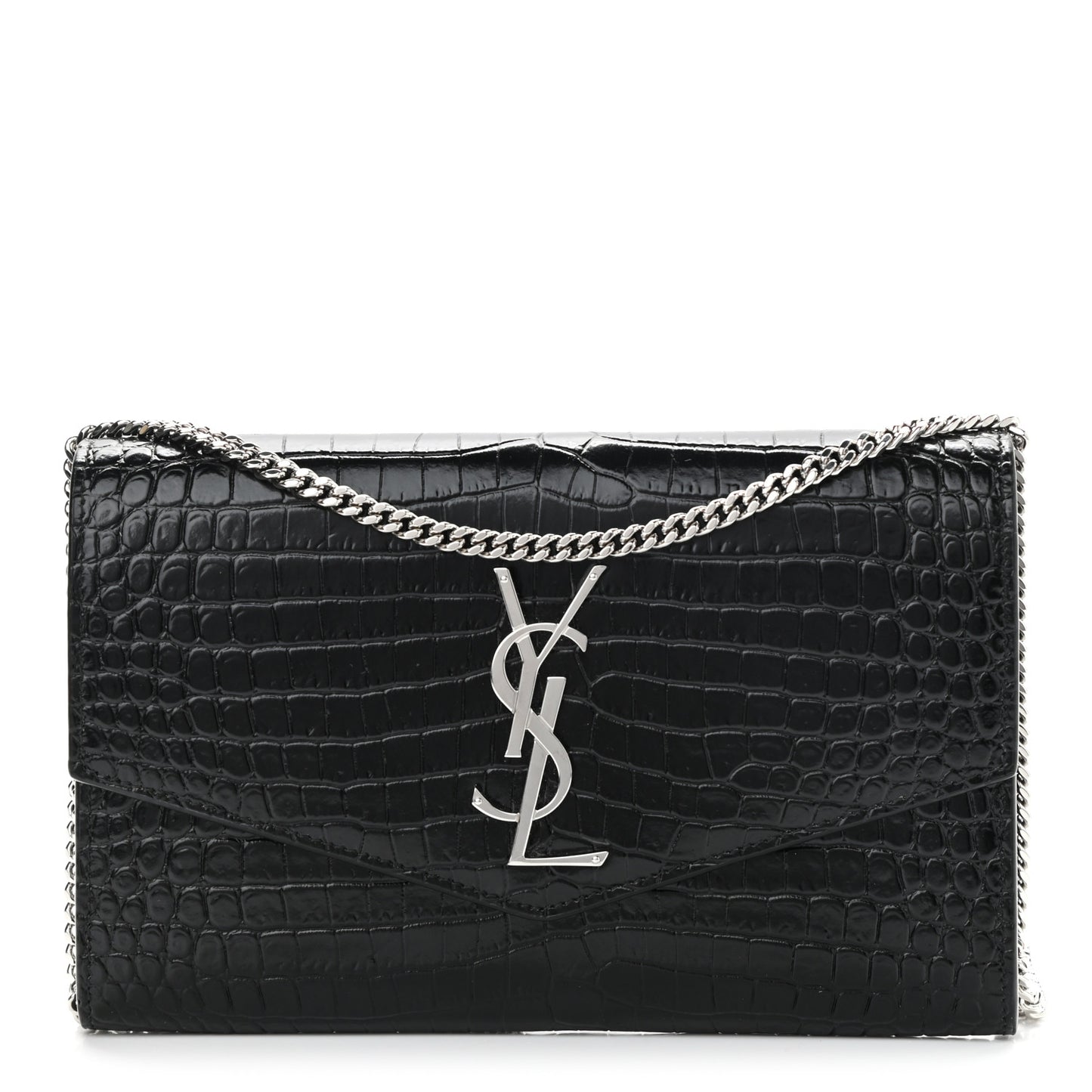 Calfskin Crocodile Embossed Monogram Uptown Chain Wallet Black