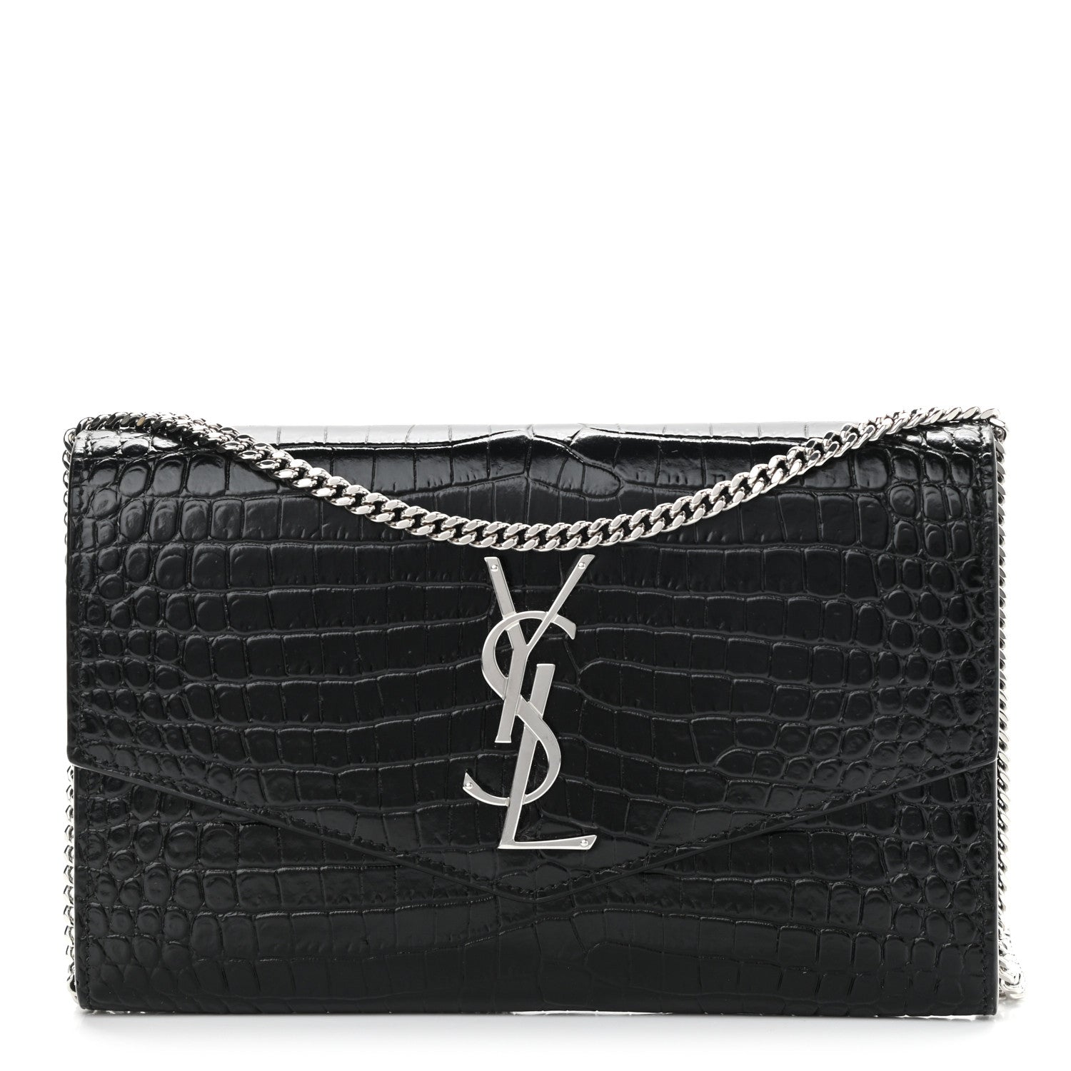 Saint Laurent Calfskin Crocodile Embossed Monogram Uptown Chain Wallet Black 1 of 11