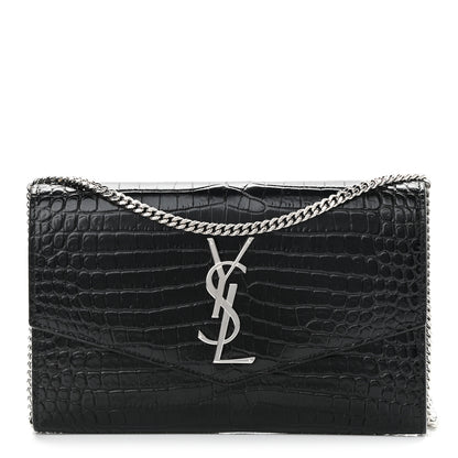 Saint Laurent Calfskin Crocodile Embossed Monogram Uptown Chain Wallet Black 1 of 11