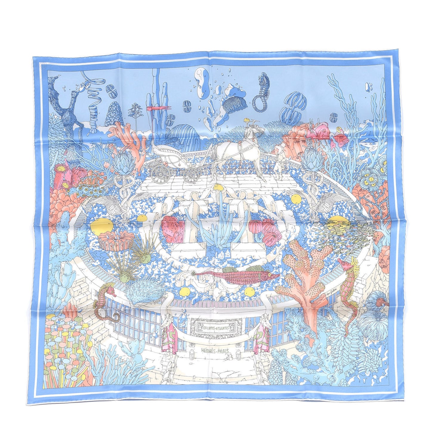 Vintage Silk Ex Libris Atlantis Scarf 70 Bleu Ciel Rose Jaune