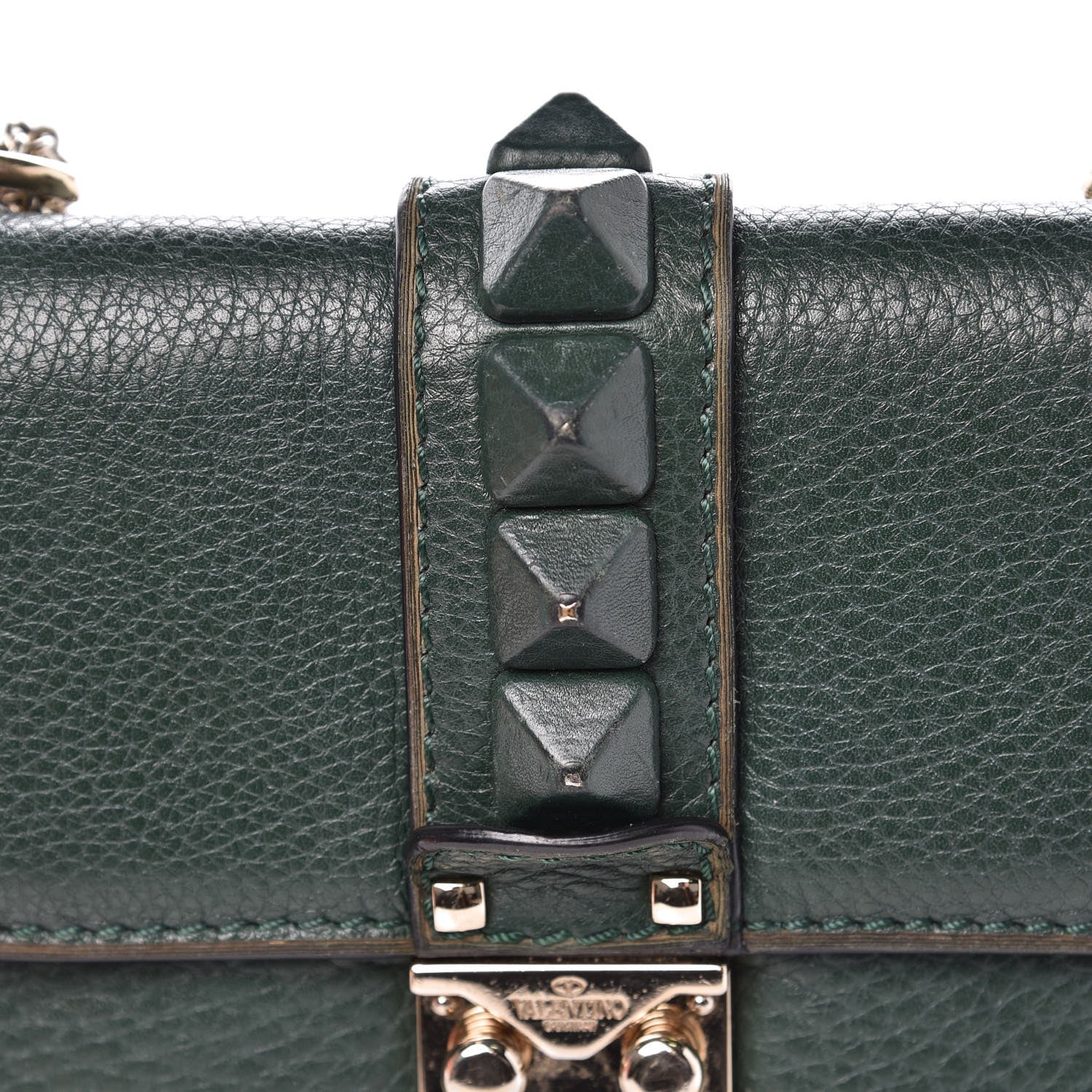 Valentino Garavani Pebbled Calfskin Small Glam Lock Rockstud Flap Dark Green 7 of 9